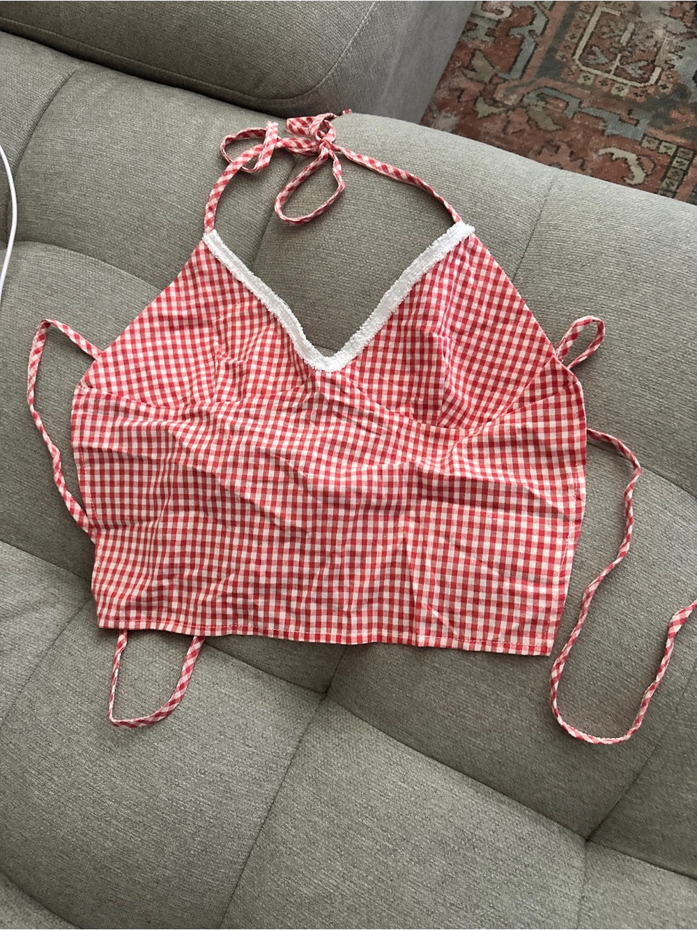 Amazon Essentials Red Gingham Lace-Trim Halter Bandeau